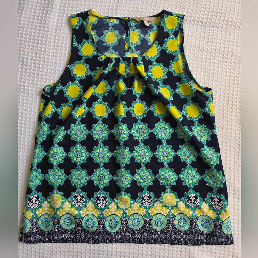 Banana Republic Sleeveless Geo Medallion Print Top in Black, Yellow & Teal